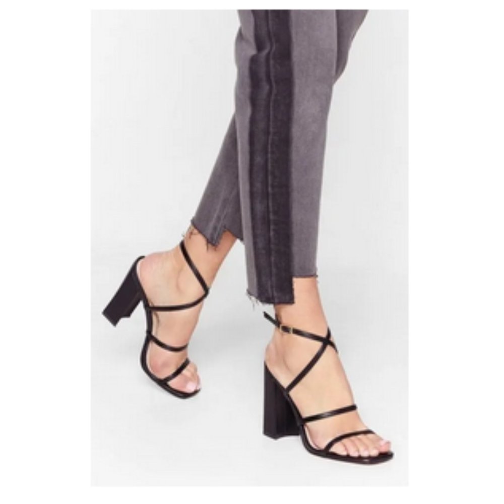 Black Open Toe Ankle Strap Heels, New